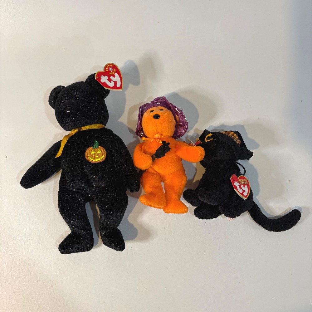 Ty Beanie Babies Halloween Lot Haunt Bear Pocus Bear and Witch Black Cat Plush